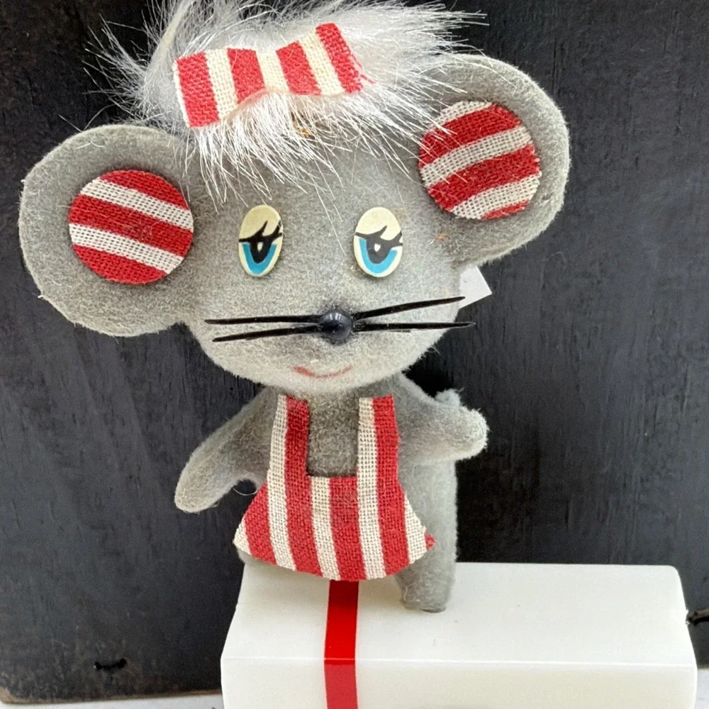 Vintage Flocked Mouse Mice MCM Kitschy Ornament Package Tie